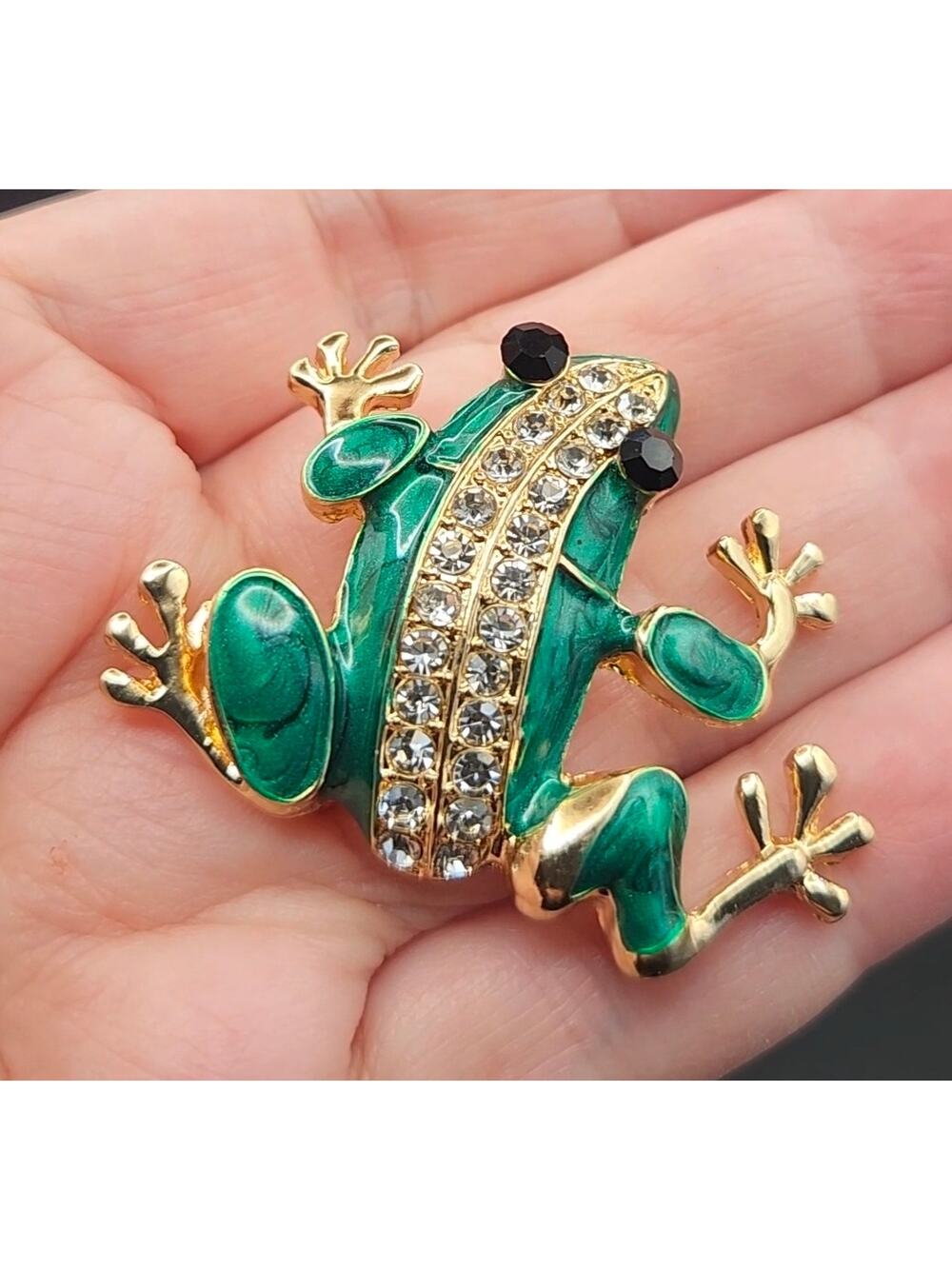 Frog Toad Brooch Adorable Green Enamel and Rhinestones
